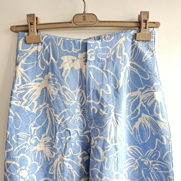New Zara Full Length Floral Linen Blend High Waisted Blue/White Pants NWT Small - Picture 10 of 15